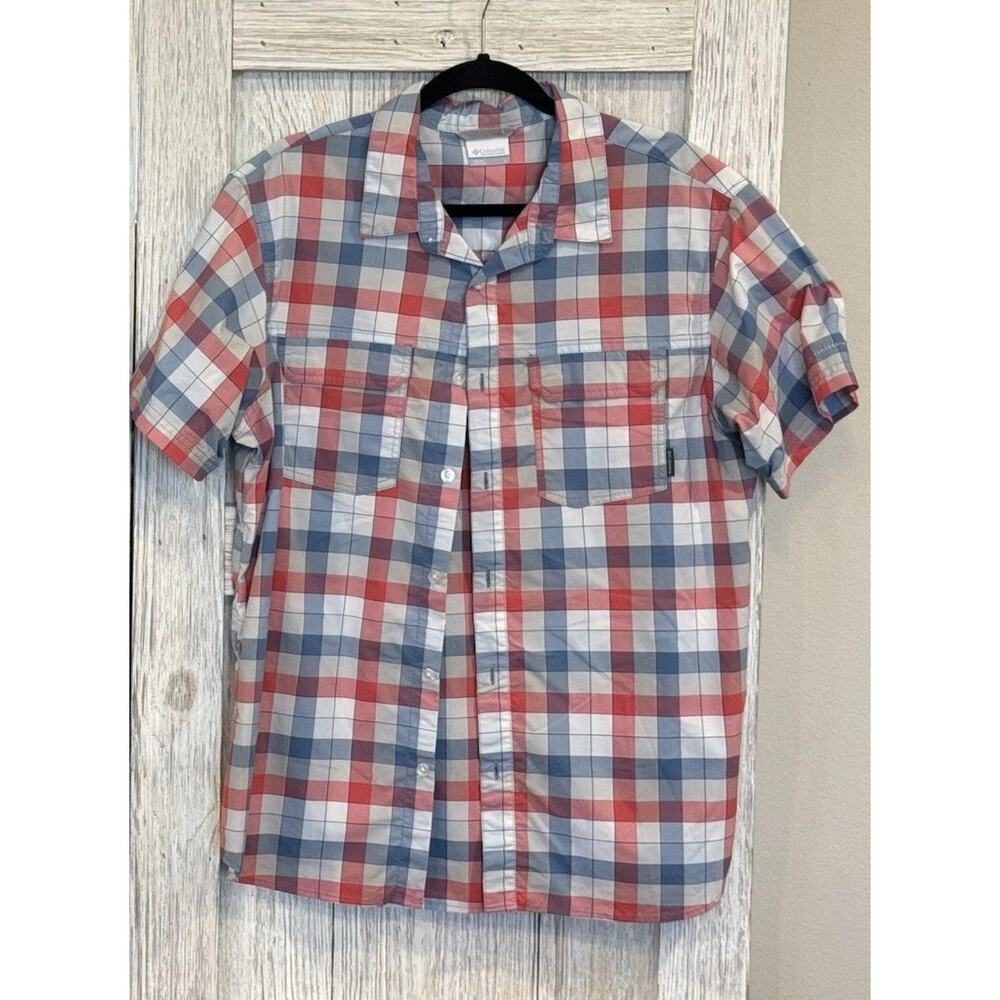 Columbia Mens Large Omni Vented Fishing Logo Short Sleeve Plaid Red Blue